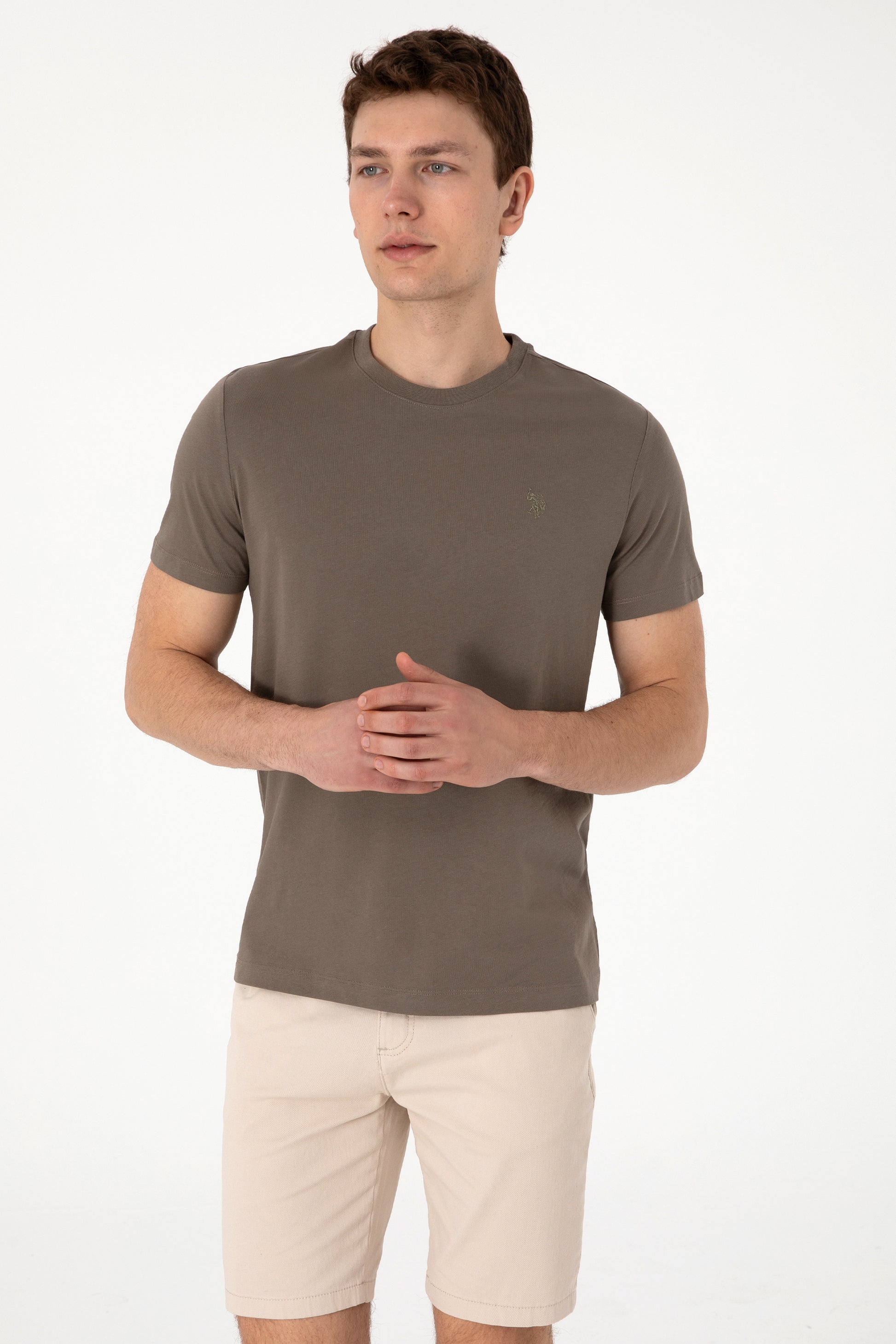 Men's Regular Fit Crew Neck Khaki T-Shirt