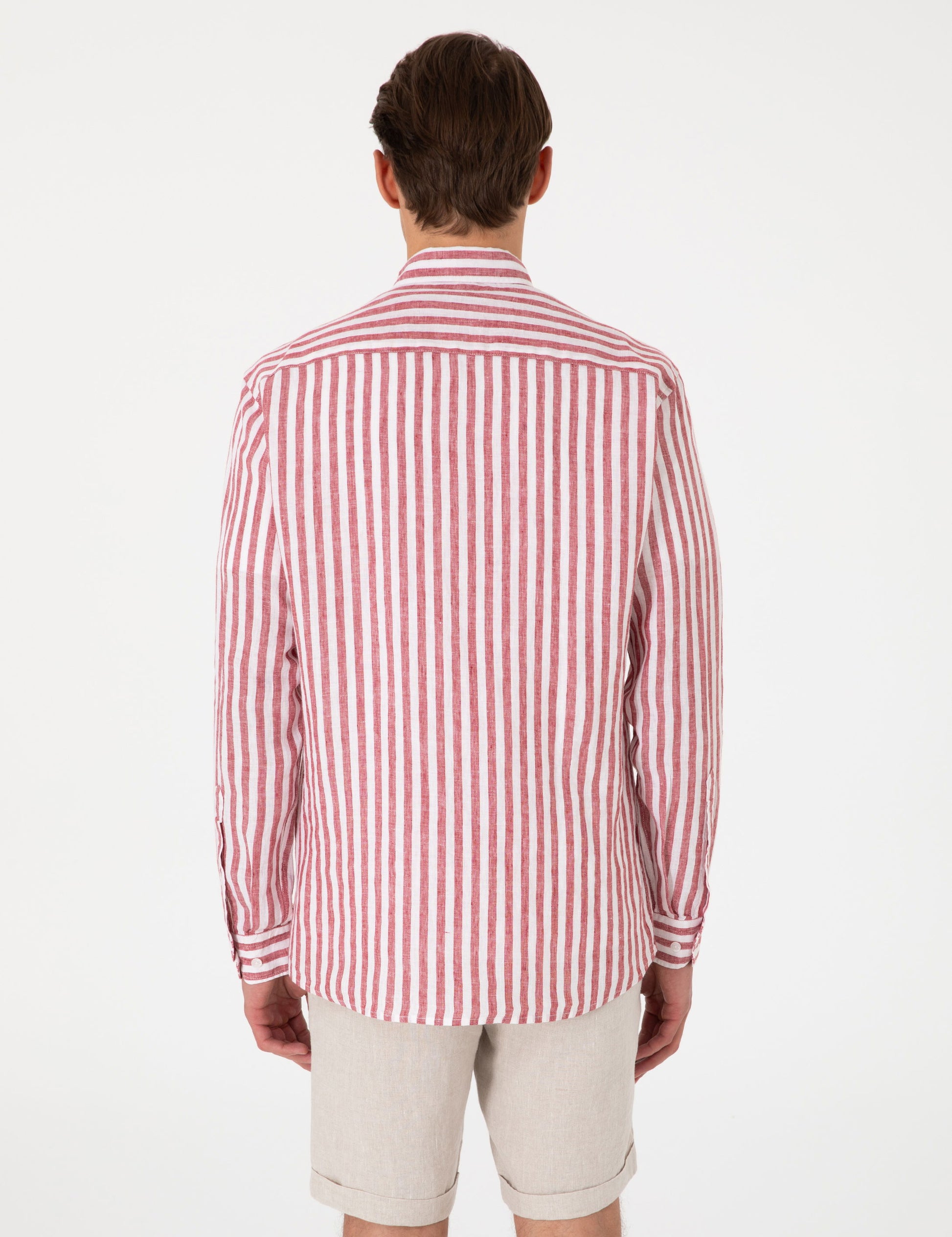 Nar ��i��e��i %100 Keten ��izgili Regular Fit Uzun Kollu G��mlek