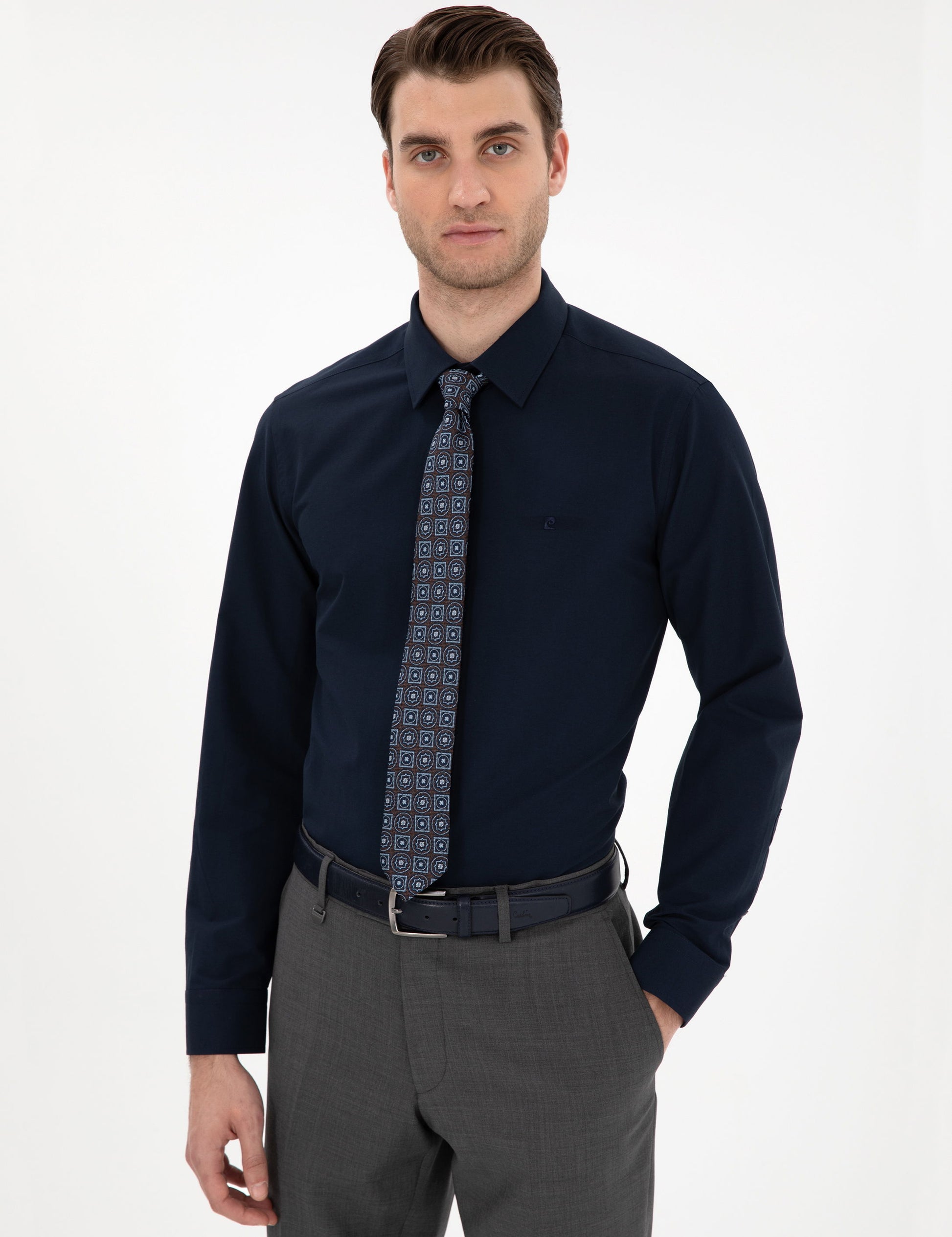 Navy Blue Slim Fit Long Sleeve Basic Shirt