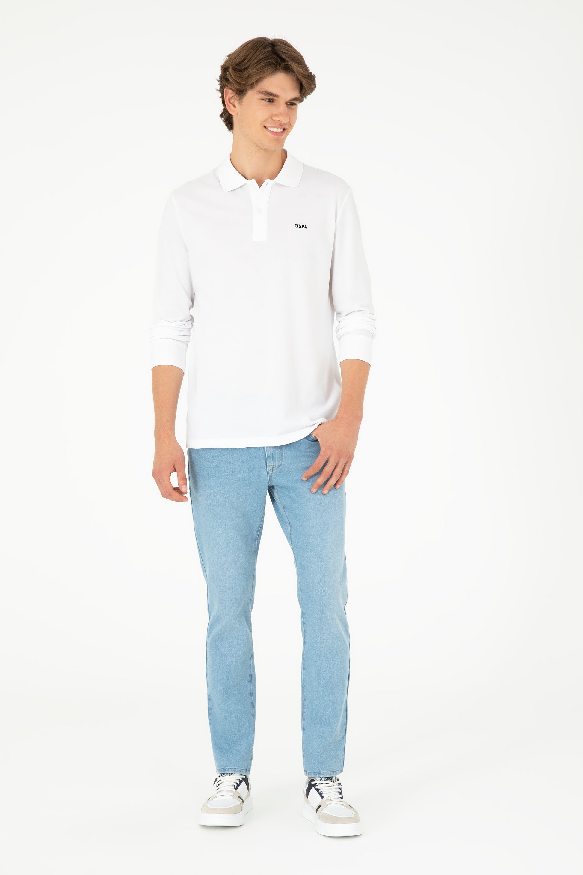 Men's Regular Fit Polo Neck White Basic Sweatshirt