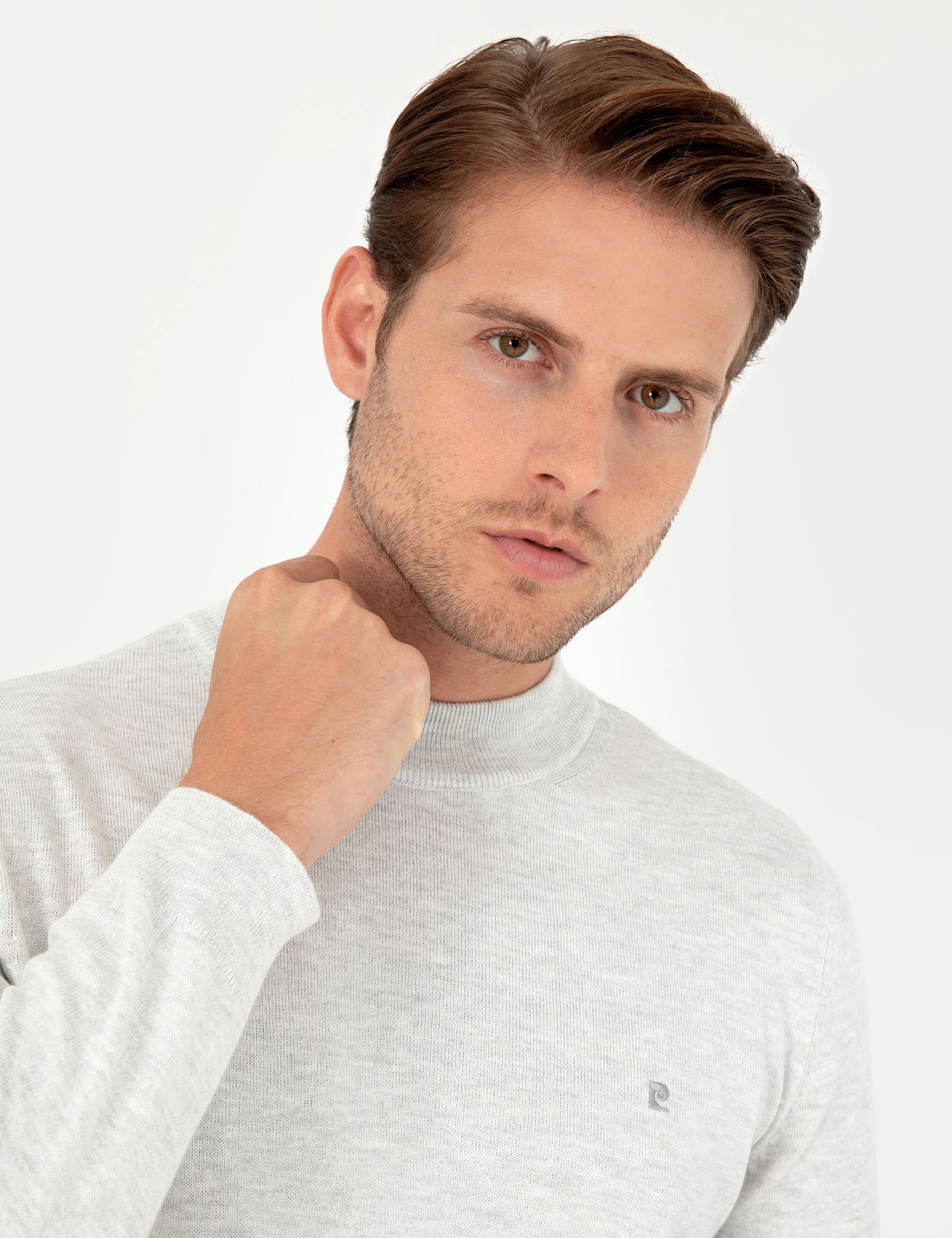 Cream Melange Slim Fit Quarter Neck Basic Knitwear Sweater