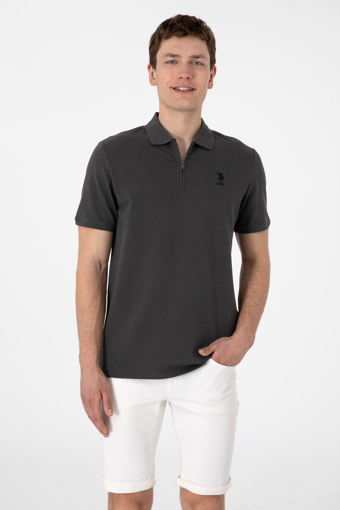 Men's Regular Fit Zipper Anthracite Textured T-Shirt