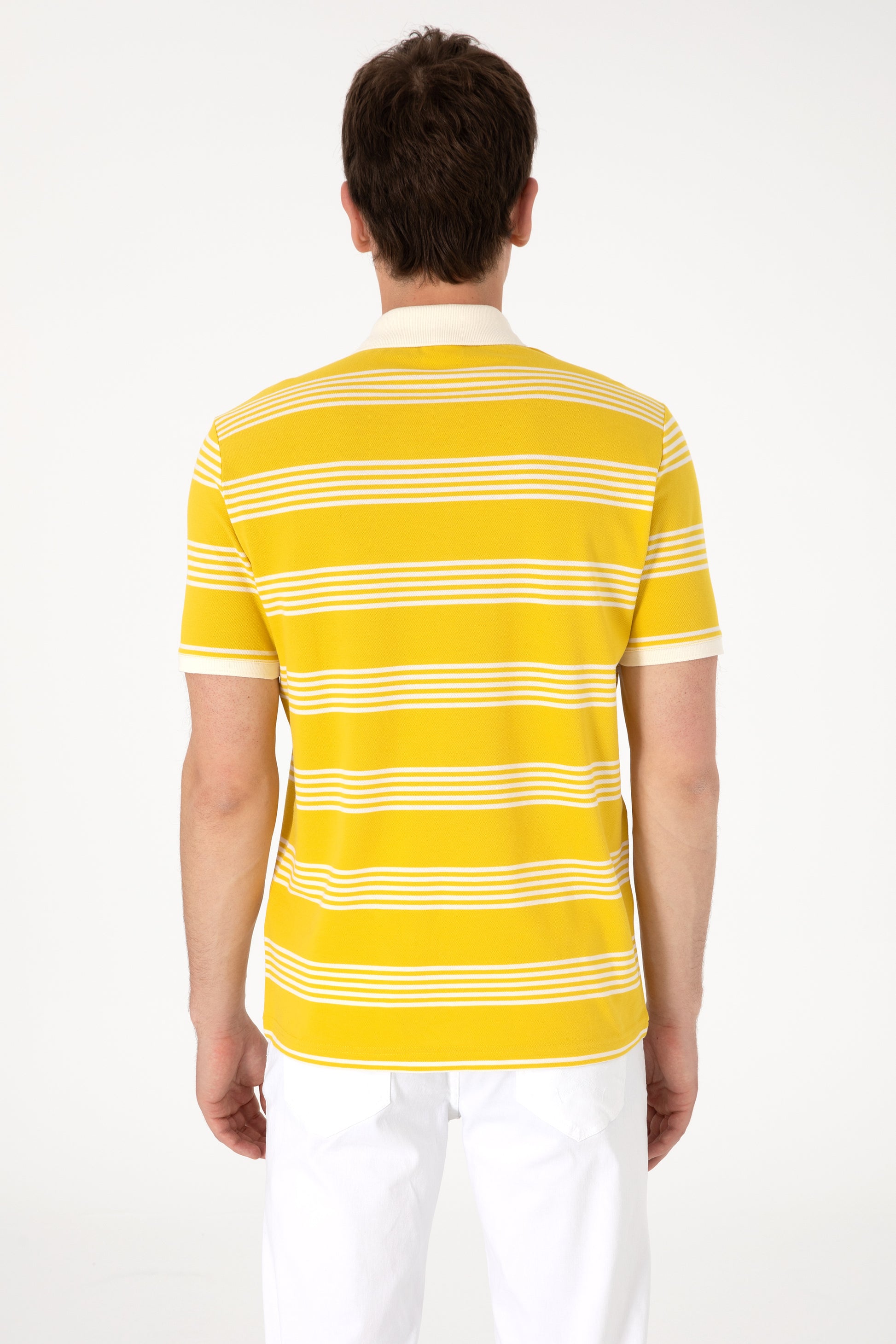 Men's Regular Fit Polo Neck Yellow Striped T-Shirt