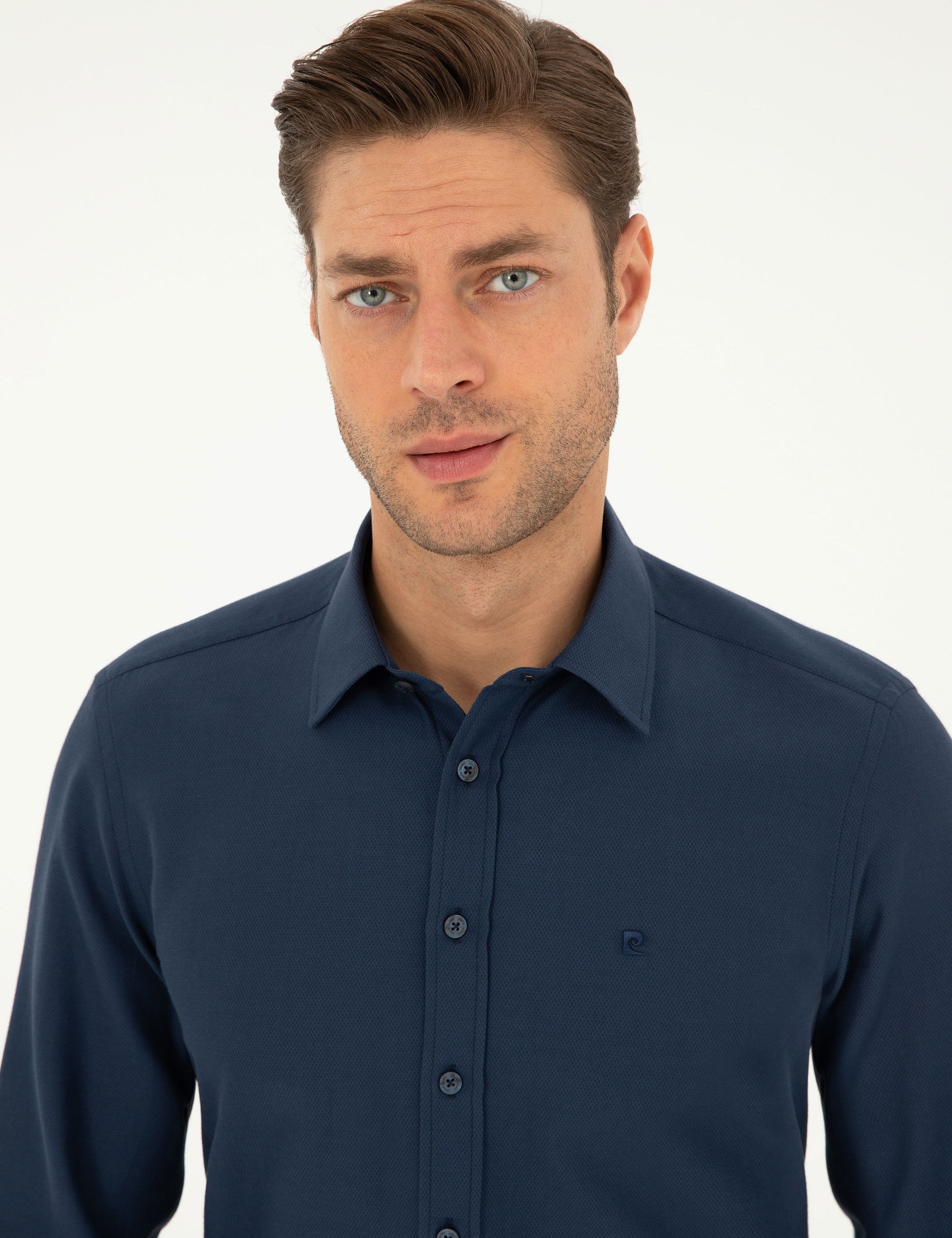 Navy Blue Slim Fit Chunky Long Sleeve Shirt
