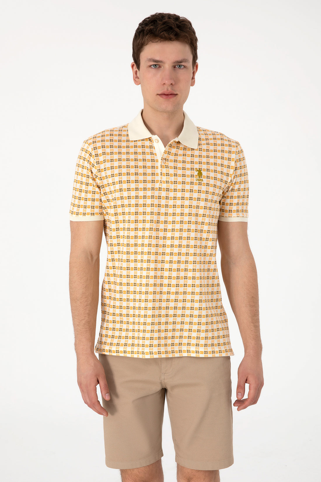Men's Regular Fit Polo Neck Cream Print T-shirt
