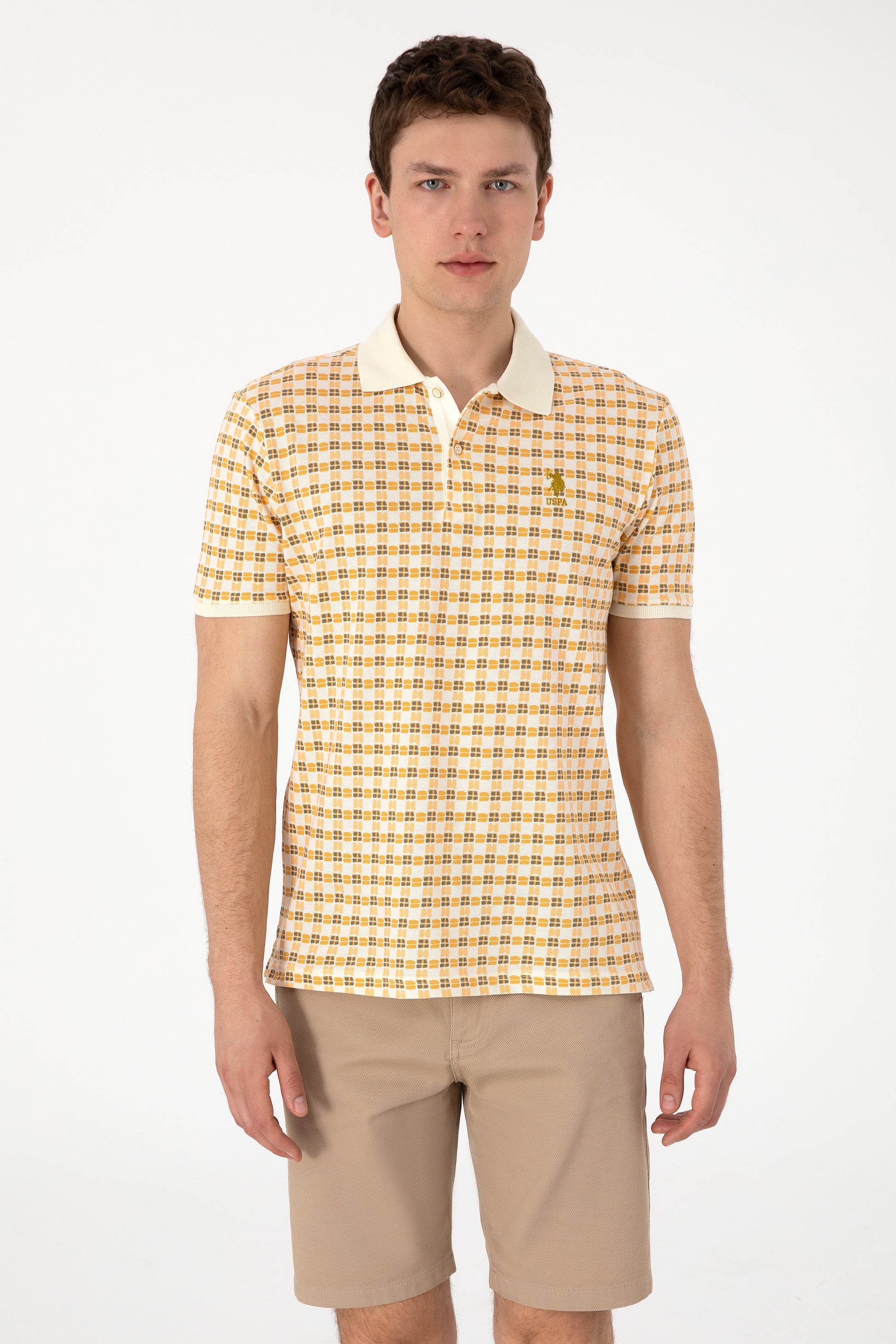 Men's Regular Fit Polo Neck Cream Print T-shirt