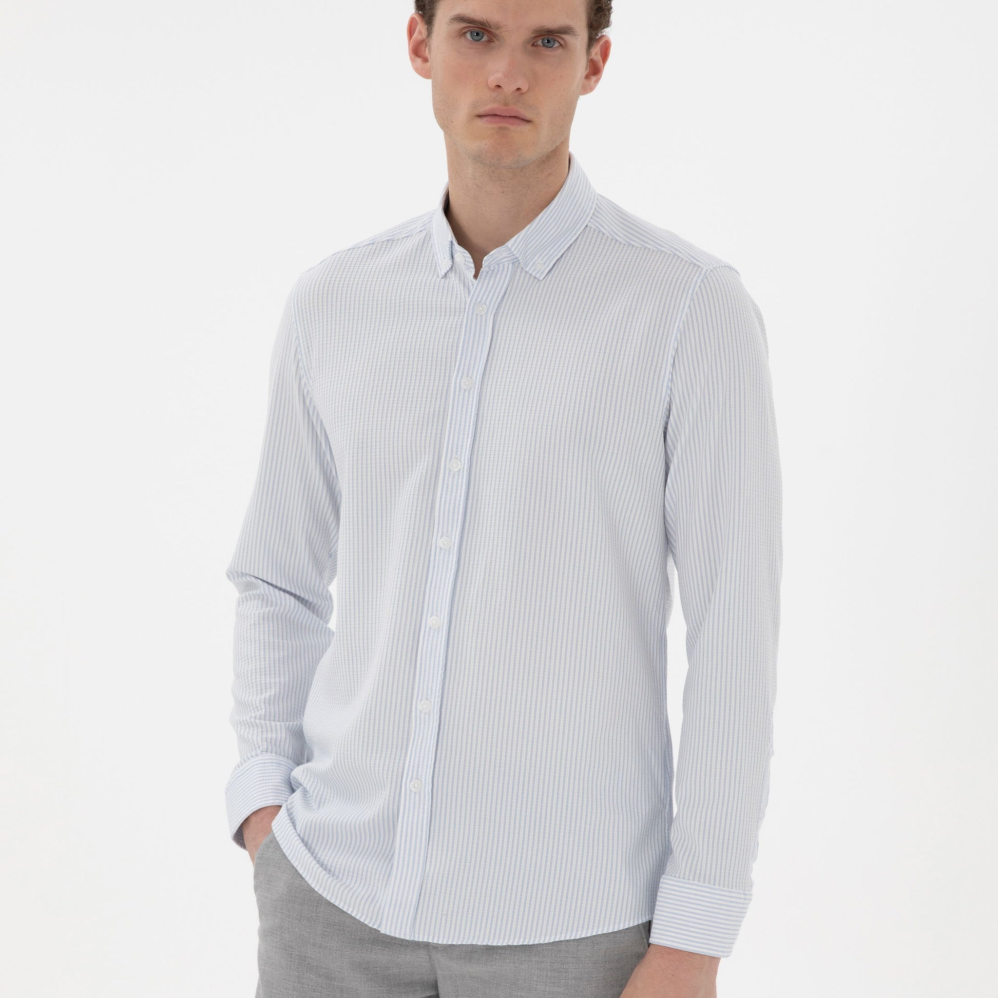 Light Blue Slim Fit Striped Long Sleeve Shirt