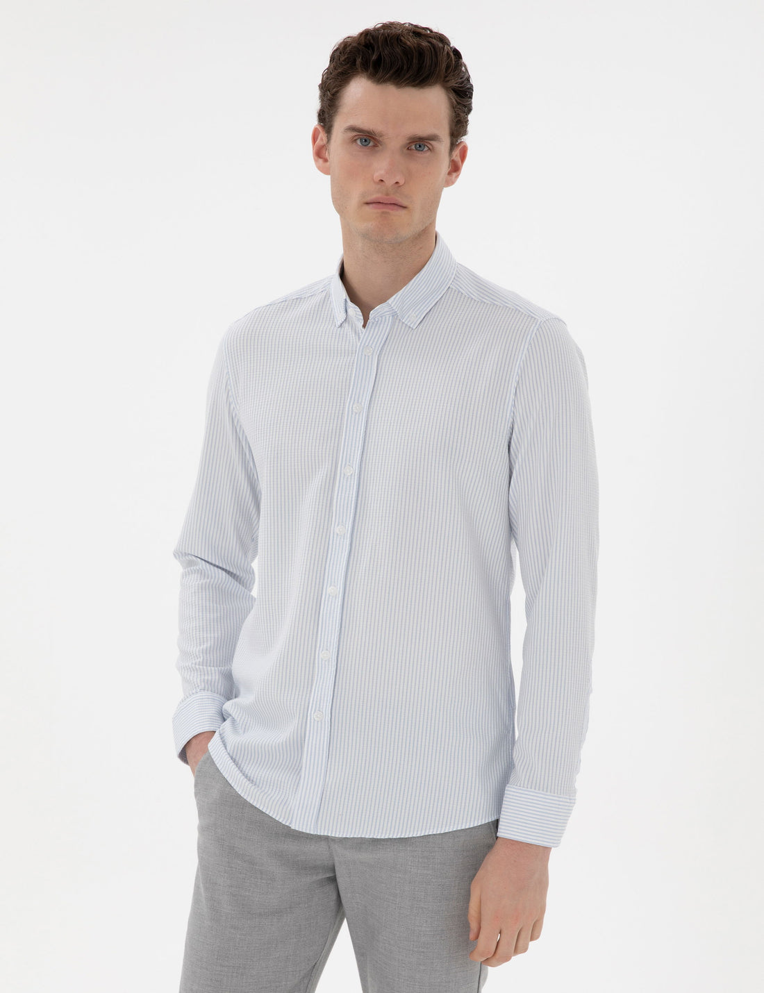 Light Blue Slim Fit Striped Long Sleeve Shirt
