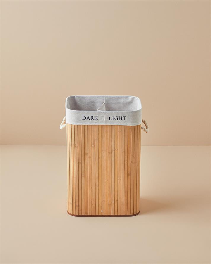 Fancy Foldable 2 Compartment Bamboo Laundry Basket Beige