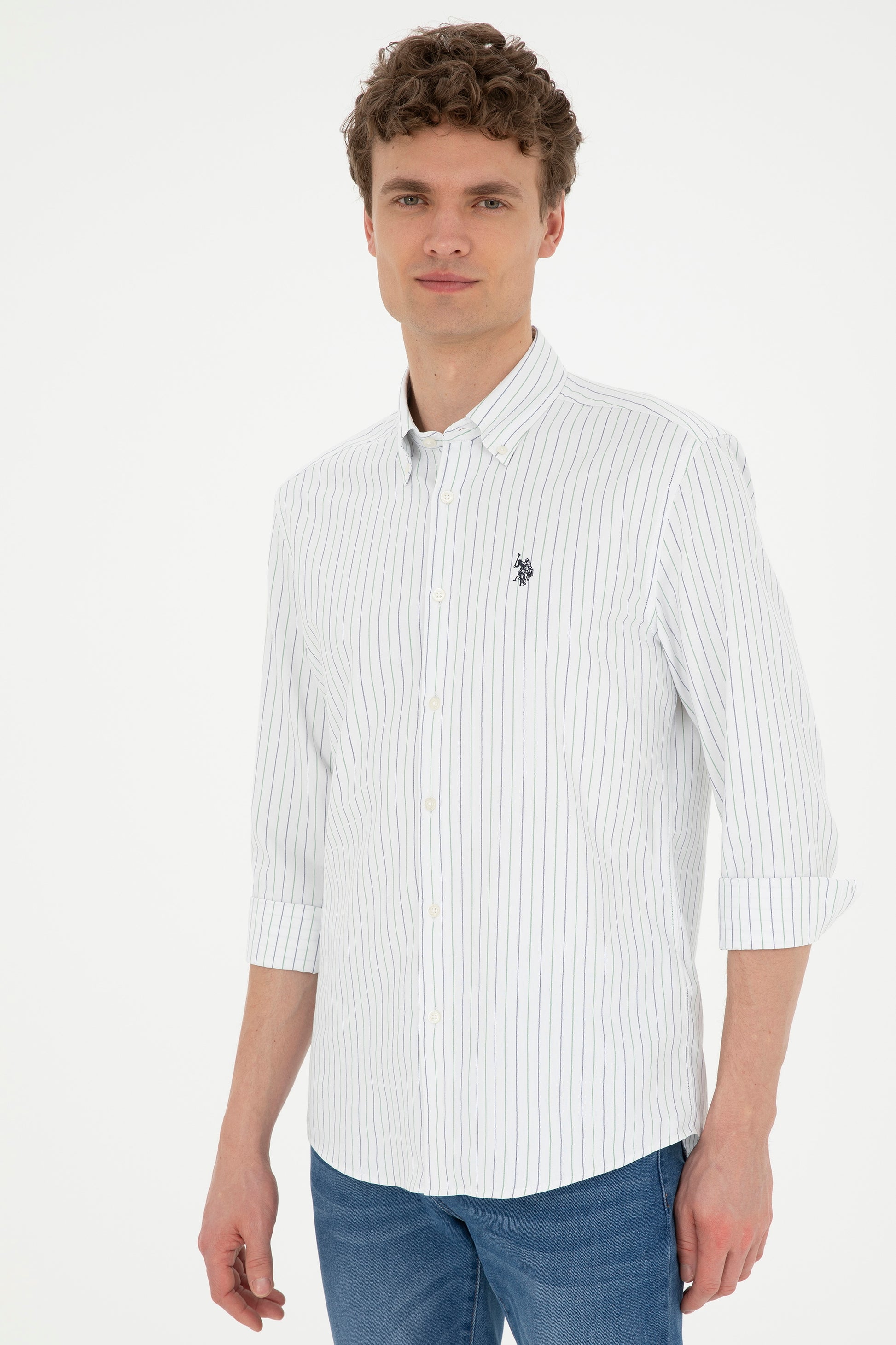 Men's Green Striped White Shirt