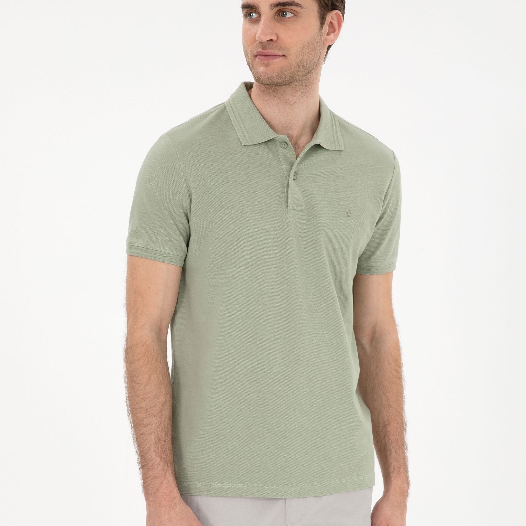 Cagla Green Slim Fit 100% Cotton Polo Neck Basic T-Shirt