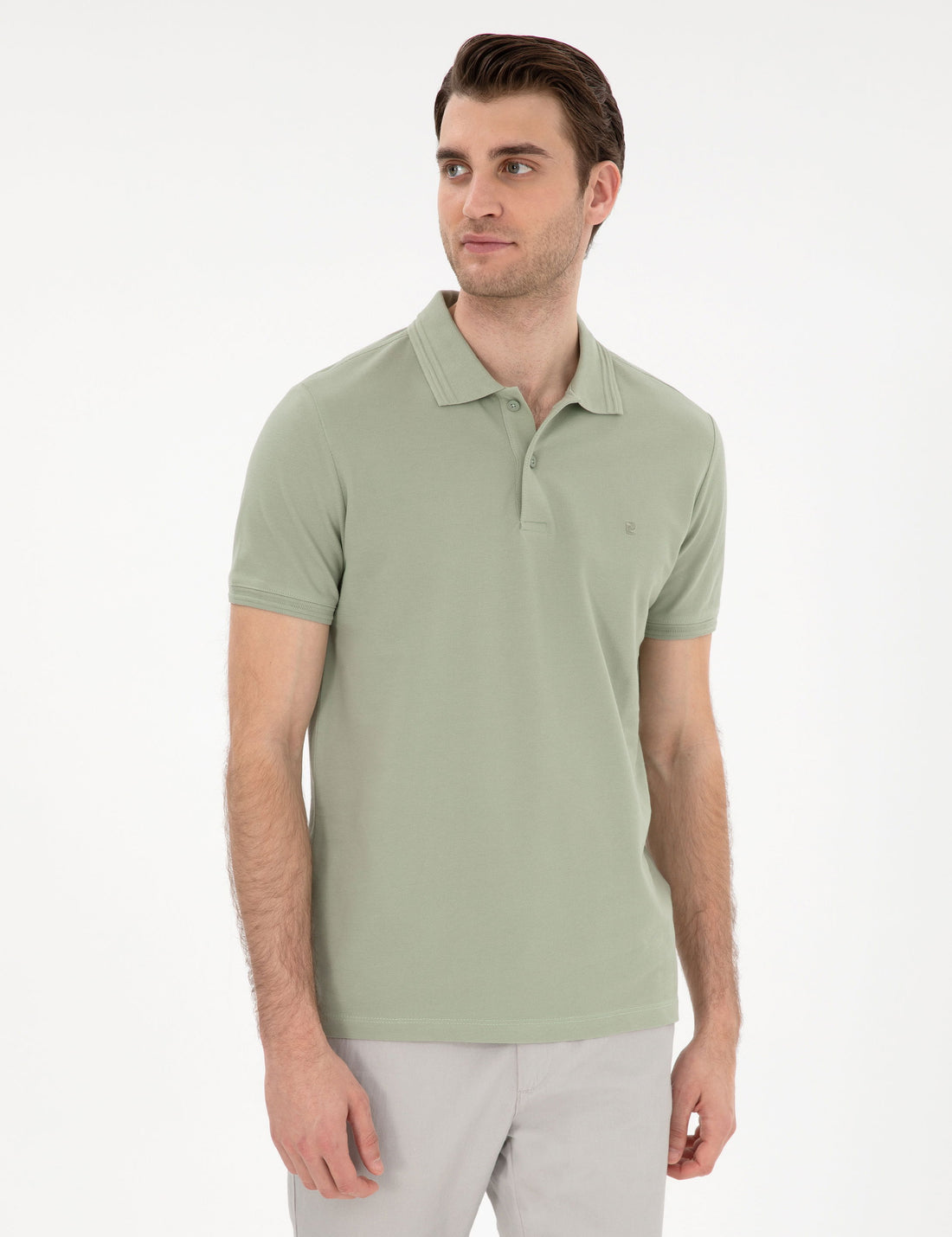 Cagla Green Slim Fit 100% Cotton Polo Neck Basic T-Shirt