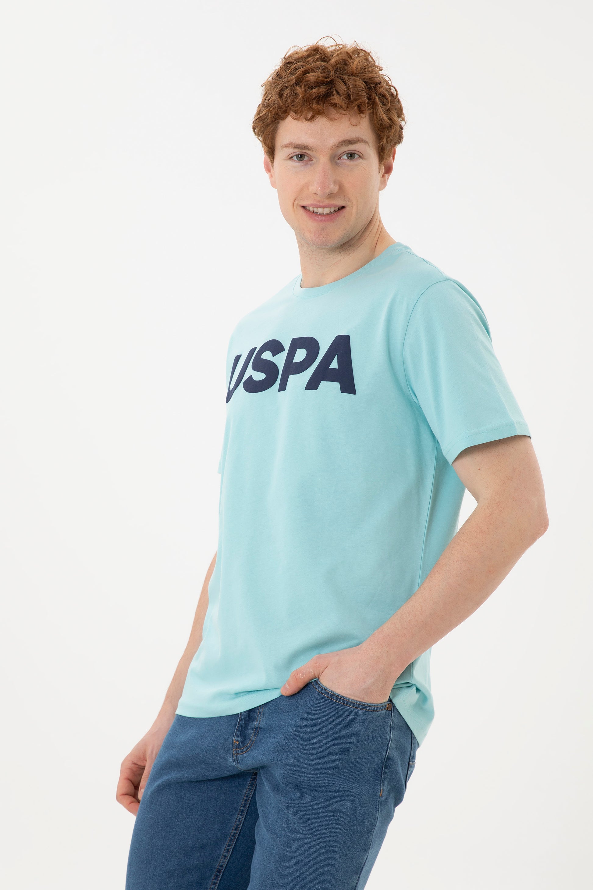 Men's Regular Fit Crew Neck Water Green Basic T-Shirt