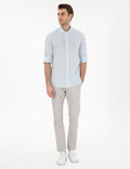 Light Blue Linen Look Slim Fit Long Sleeve Shirt
