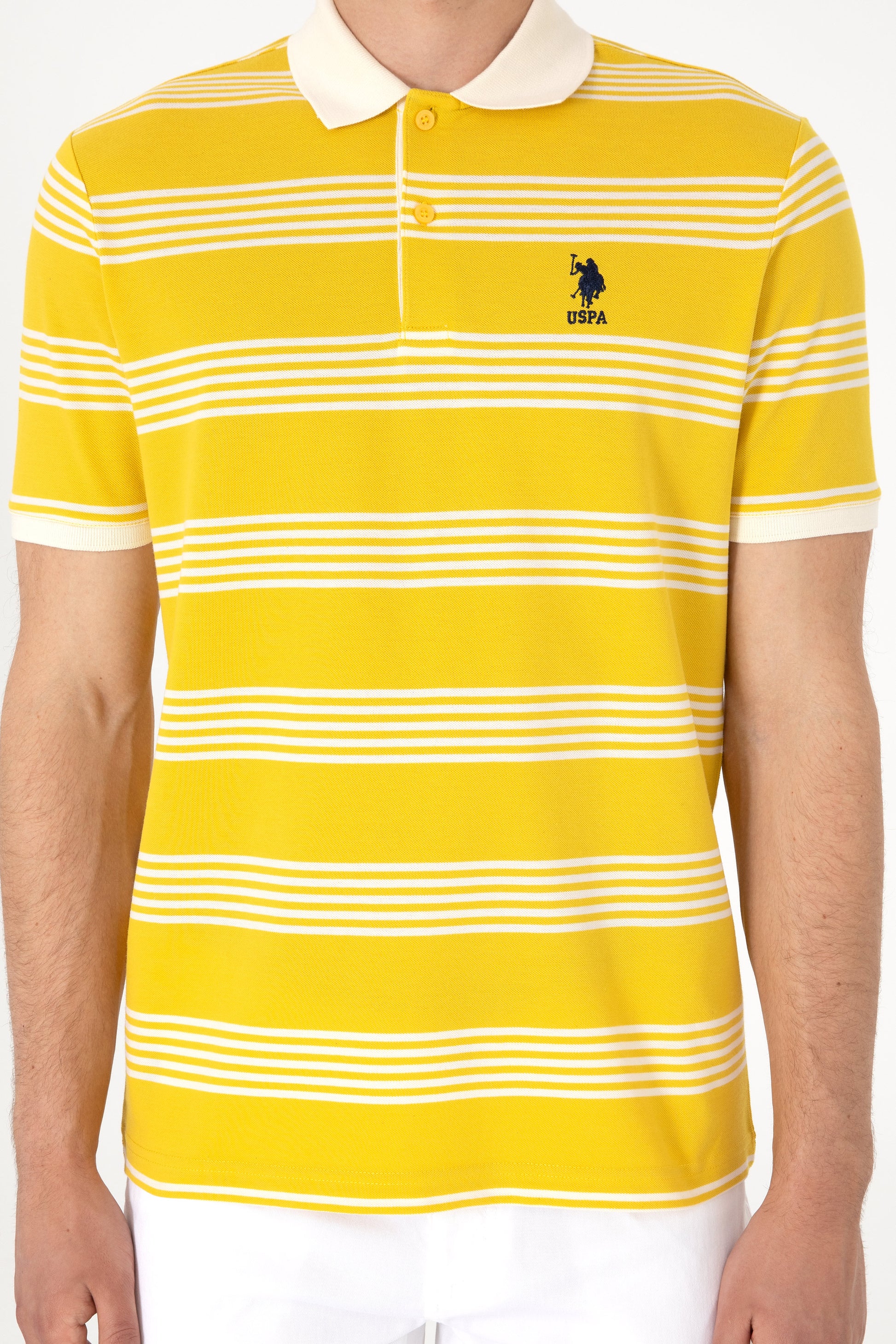 Men's Regular Fit Polo Neck Yellow Striped T-Shirt