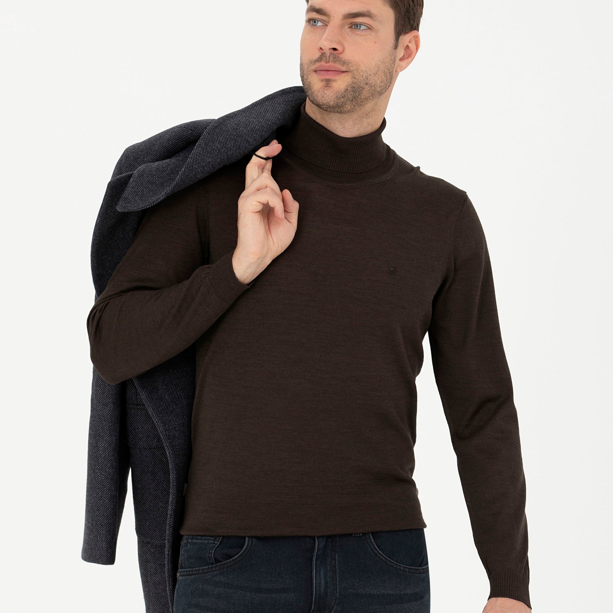 Brown Slim Fit Turtleneck Wool Blend Basic Knitwear Sweater