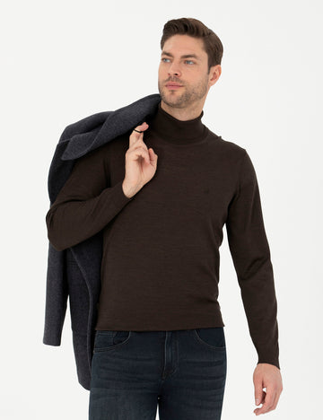 Brown Slim Fit Turtleneck Wool Blend Basic Knitwear Sweater