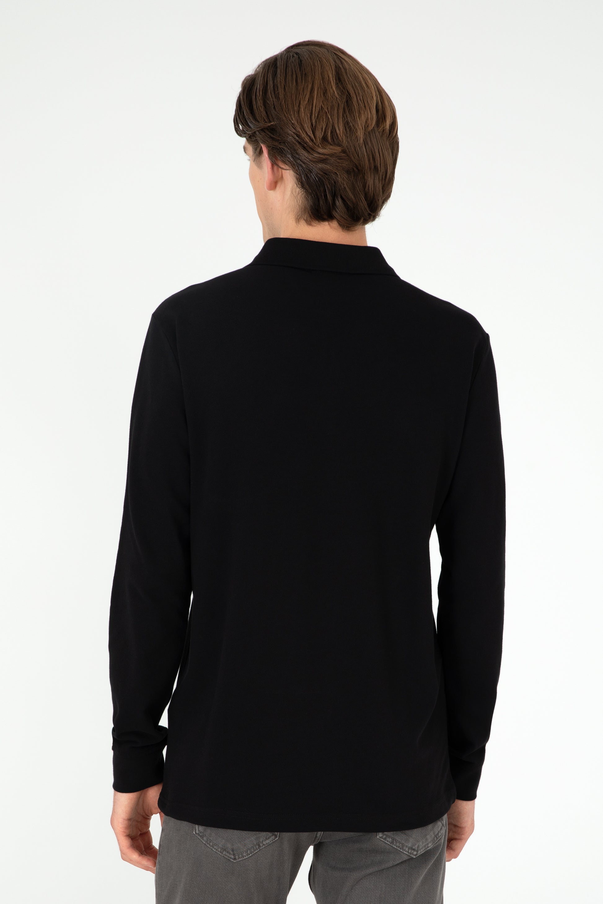 Men's Regular Fit Polo Neck Black Basic Sweatshirt