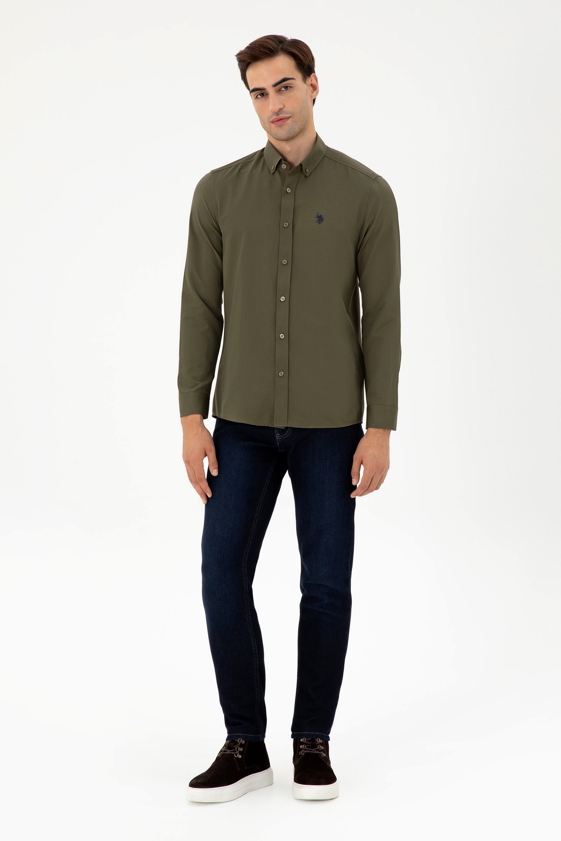 Men's Khaki Long Sleeve Basic Shirt