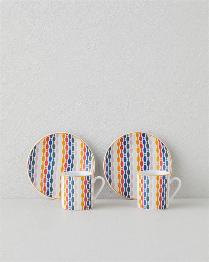 Feliz Porcelain 4 Pieces 2 Seater Coffee Cup Set 80 ml Colorful