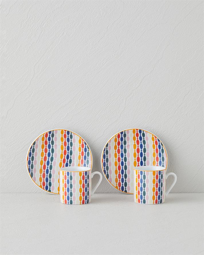 Feliz Porcelain 4 Pieces 2 Seater Coffee Cup Set 80 ml Colorful