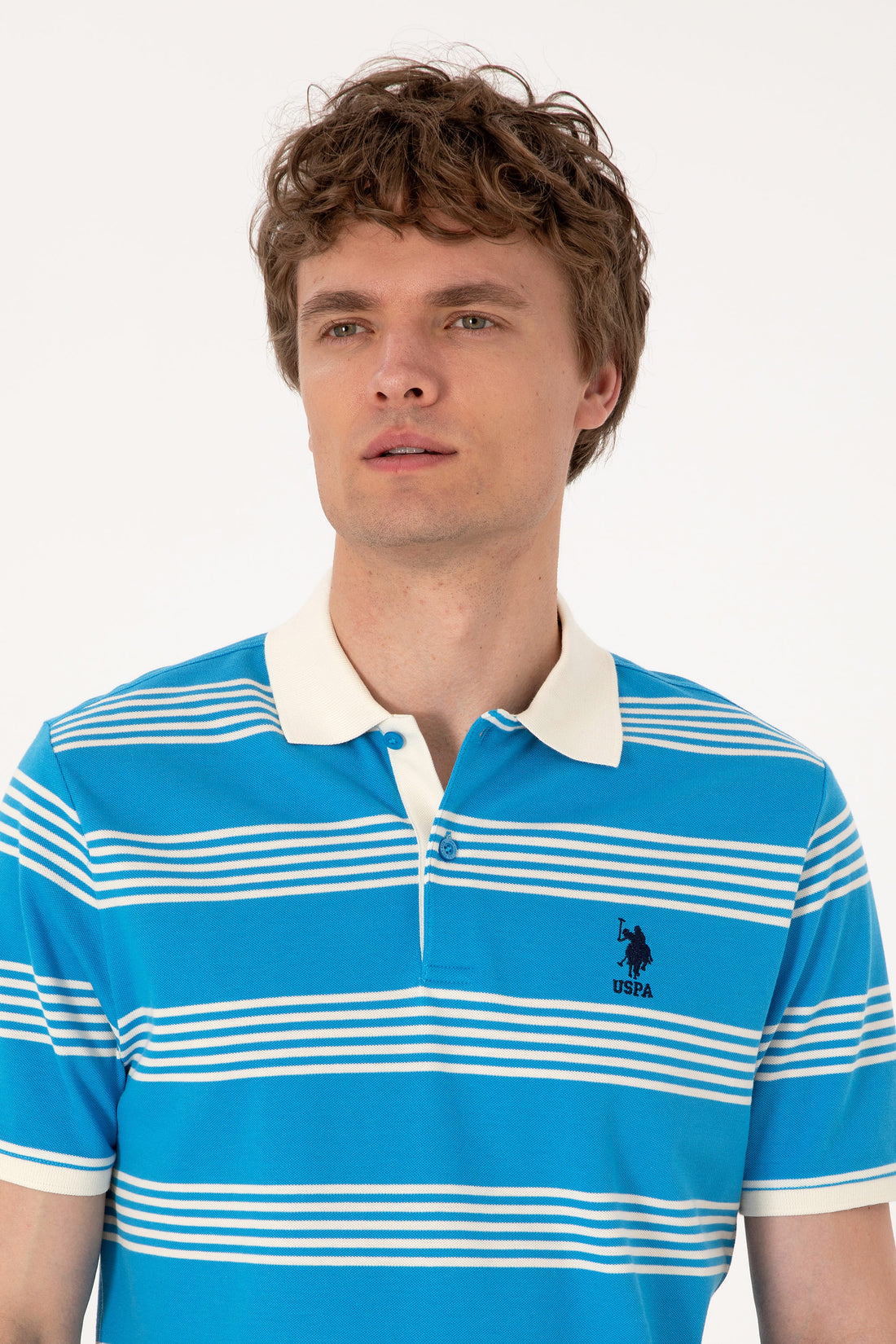 Men's Regular Fit Polo Neck Turquoise Striped T-Shirt