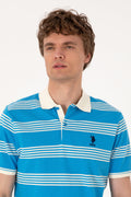 Men's Regular Fit Polo Neck Turquoise Striped T-Shirt