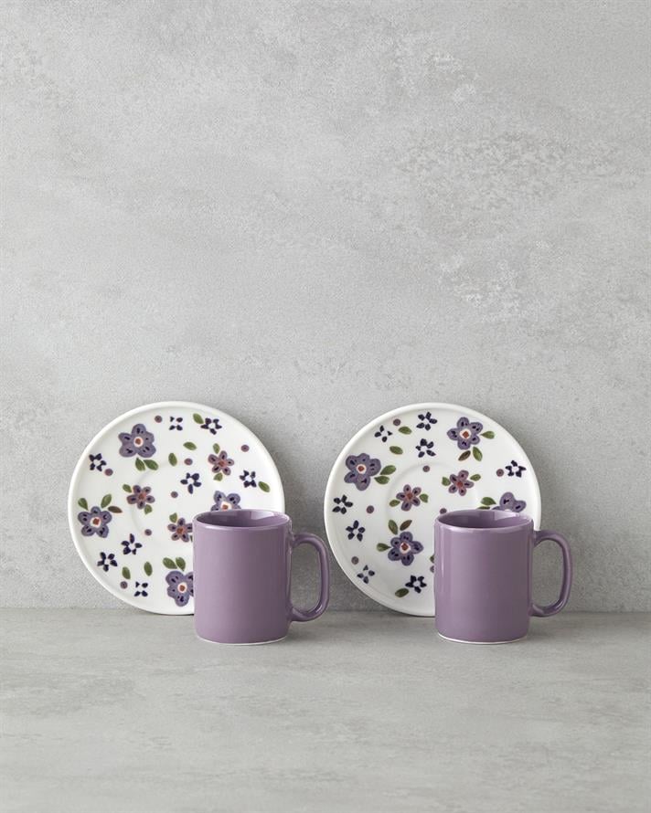 Floretta Bone Porcelain 4 Pieces 2 Seater Coffee Cup Set 90 ml Purple