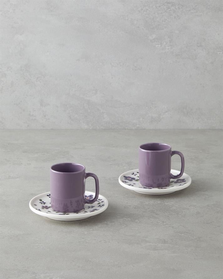 Floretta Bone Porcelain 4 Pieces 2 Seater Coffee Cup Set 90 ml Purple
