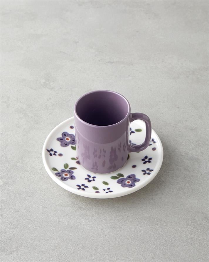 Floretta Bone Porcelain 4 Pieces 2 Seater Coffee Cup Set 90 ml Purple