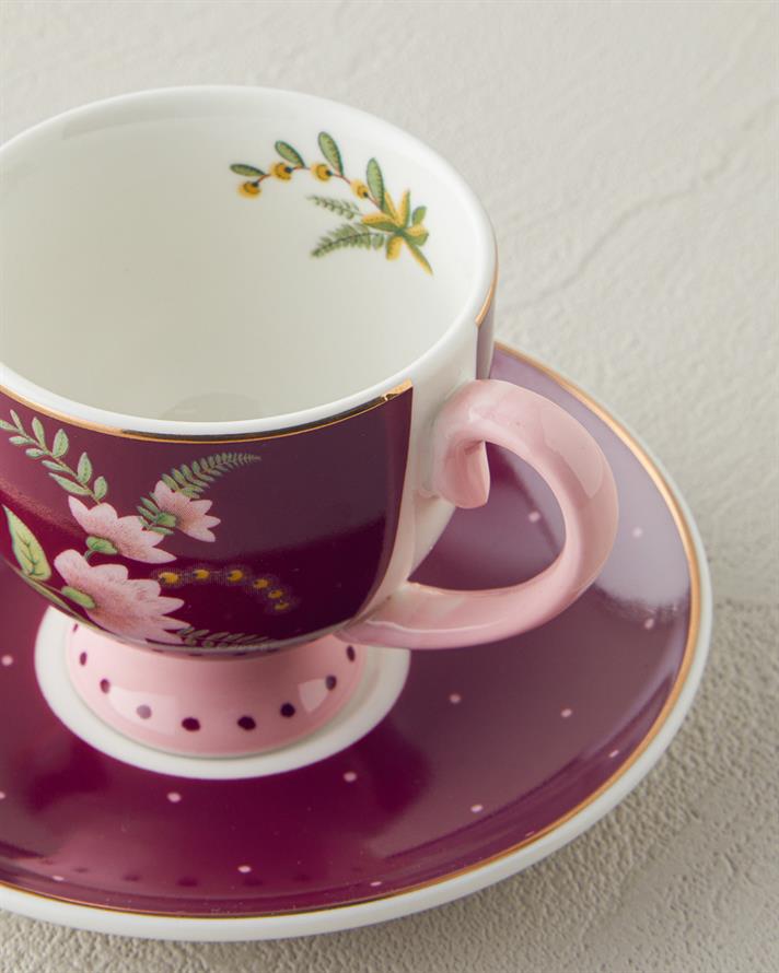 Loly New Bone China 4 Pieces 2 Seater Coffee Cup Set 100 ml Burgundy