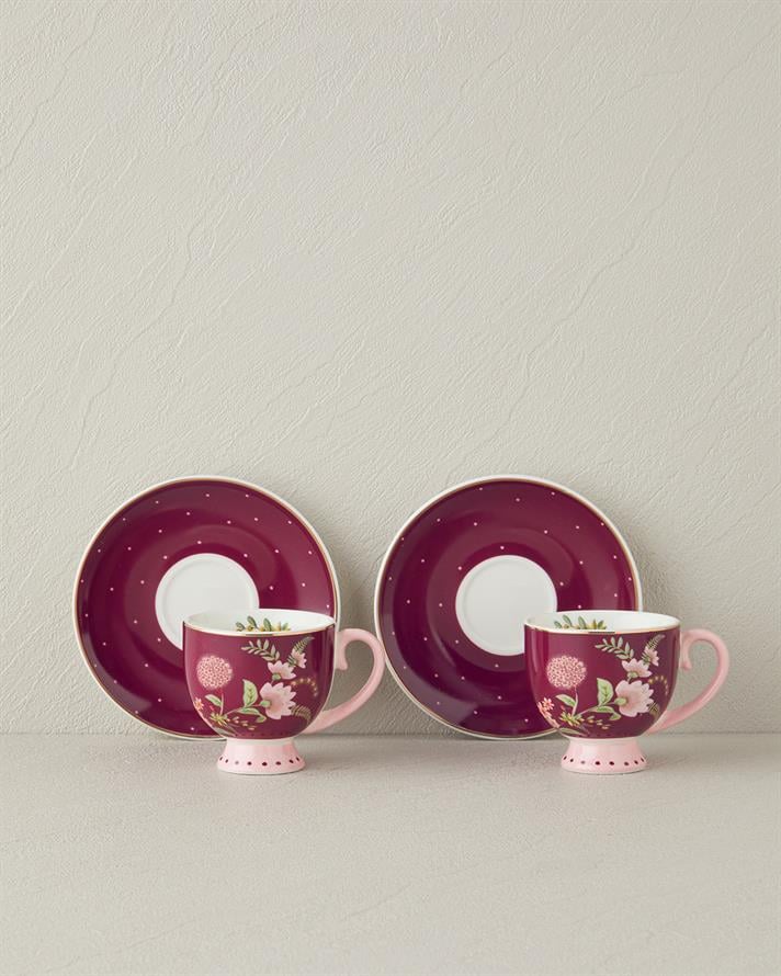 Loly New Bone China 4 Pieces 2 Seater Coffee Cup Set 100 ml Burgundy