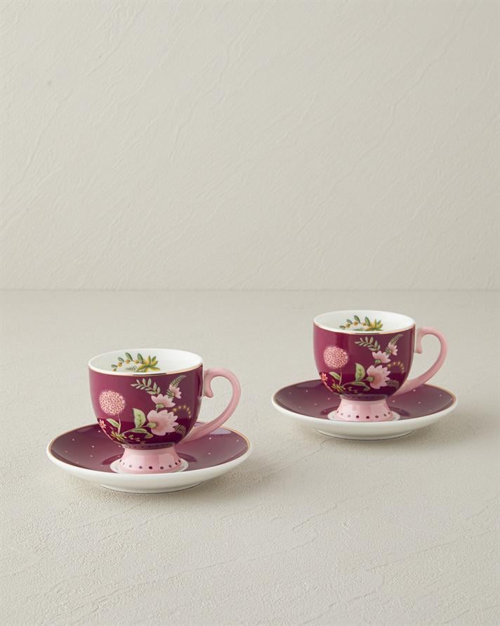 Loly New Bone China 4 Pieces 2 Seater Coffee Cup Set 100 ml Burgundy