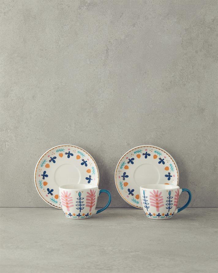 Love Adore New Bone China Coffee Cup Set 4 Pieces 2 Seater Pink - Blue