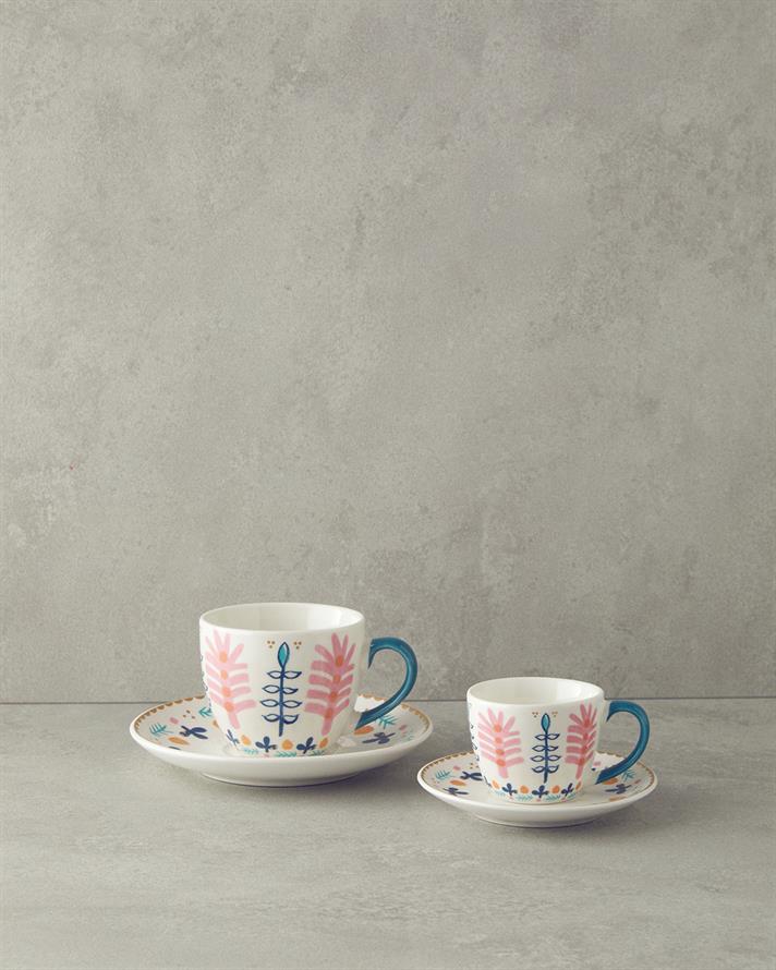 Love Adore New Bone China Tea Cup Set 4 Pieces 2 Seater Pink - Blue