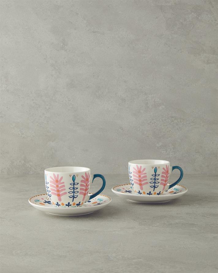 Love Adore New Bone China Tea Cup Set 4 Pieces 2 Seater Pink - Blue