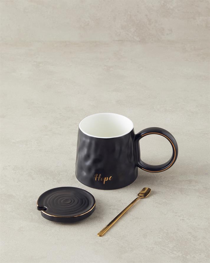 Mantra New Bone China Mug with Lid Spoons Black