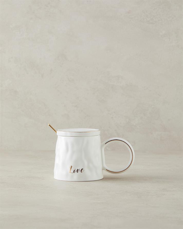 Mantra New Bone China Mug with Lid Spoons White