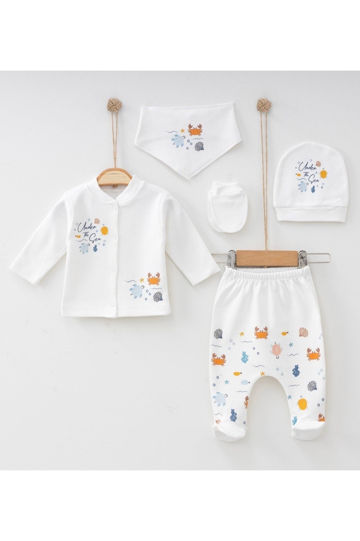 BABYLİM - Boy Baby Hospital Outlet Undersea Printed 5 Li Newborn Set Ecru - 0-3 AY - Ecru - 694976276-0-3 AY