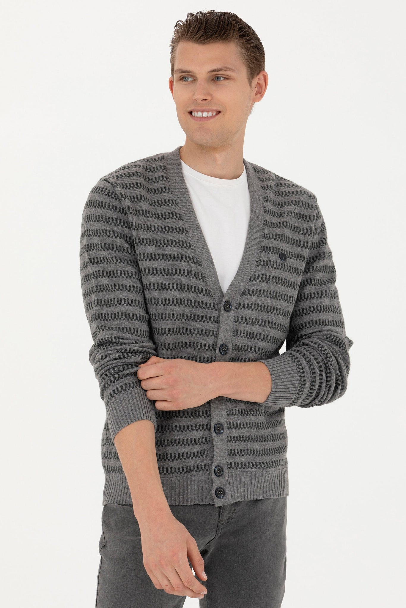Men's Grey Melange Knitwear Cardigan - Small - EGY37722120339