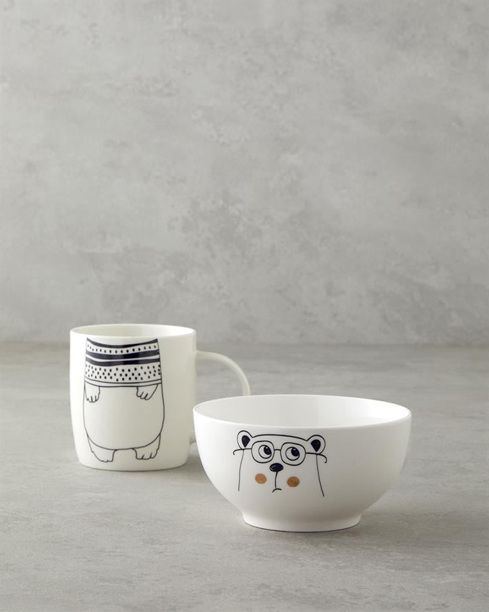 Mingle Bear New Bone China Bowl Mug 360 ml-13 cm Black - White