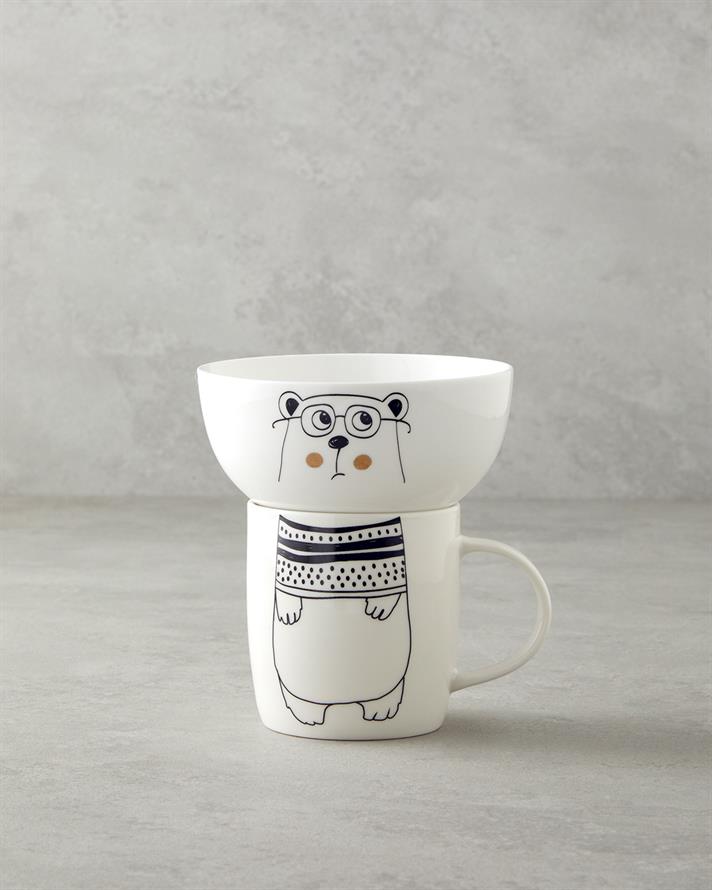 Mingle Bear New Bone China Bowl Mug 360 ml-13 cm Black - White