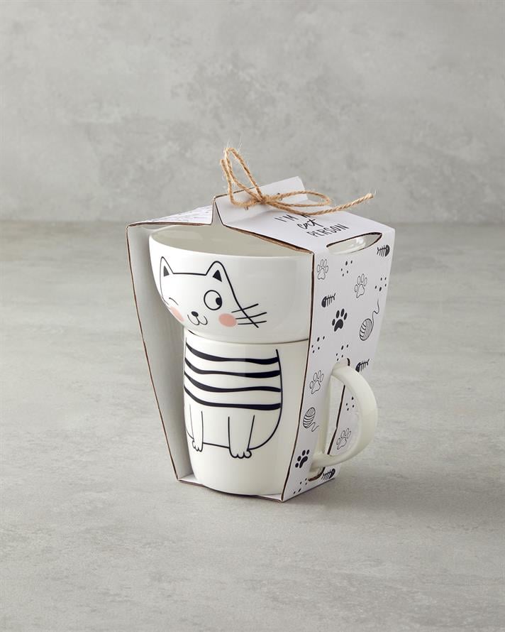 Mingle Catty New Bone China Bowl Mug 360 ml-13 cm Black - White