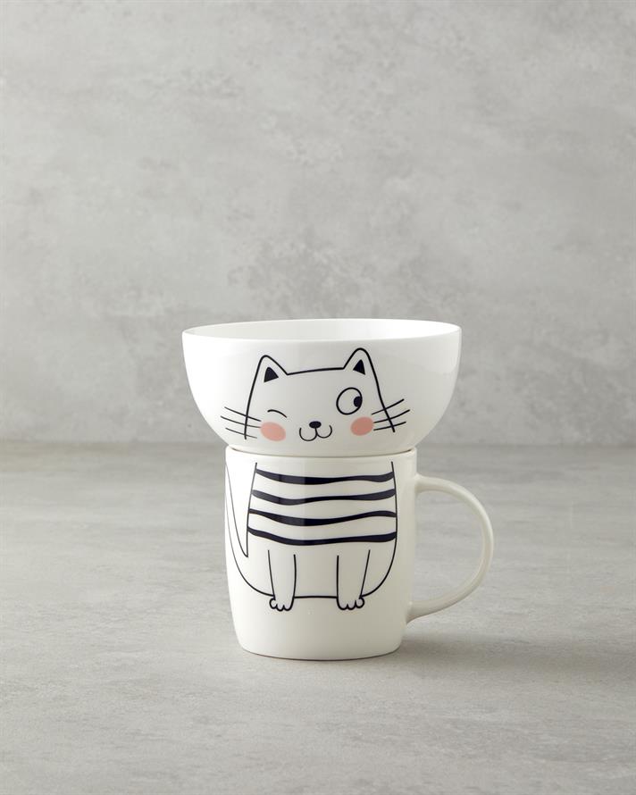 Mingle Catty New Bone China Bowl Mug 360 ml-13 cm Black - White