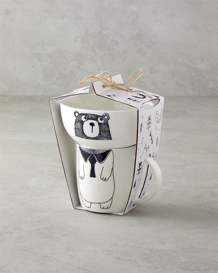 Mingle Teddy New Bone China Bowl Mug 360 ml-13 cm Black - White