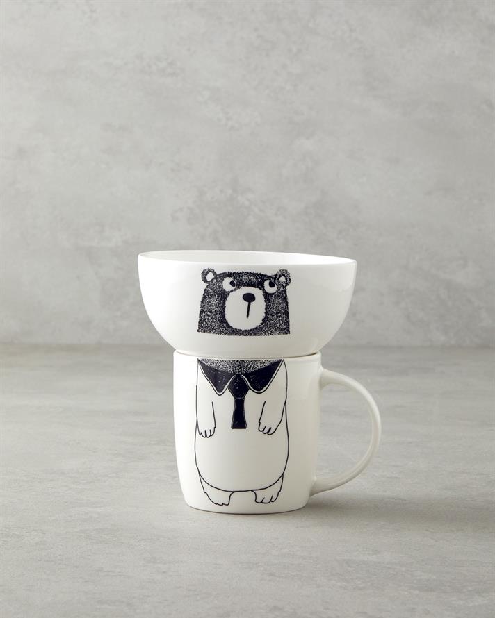 Mingle Teddy New Bone China Bowl Mug 360 ml-13 cm Black - White