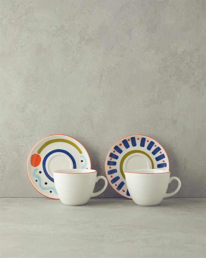 Mixed Lines Porcelain 4 Piece 2 Seater Tea Cup Set Colorful