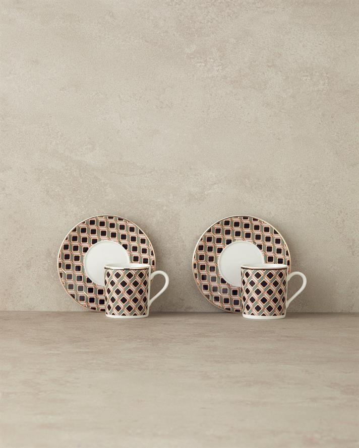 Modern Cube Bone Porcelain Coffee Cup Set 4 Pieces 2 Seater Green
