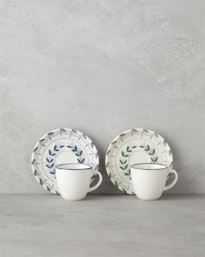 Petally Bone Porcelain 4 Pieces 2 Seater Coffee Cup Set 90 ml Blue-Green