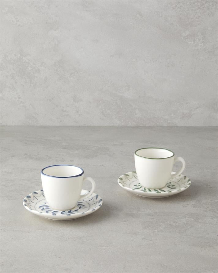 Petally Bone Porcelain 4 Pieces 2 Seater Coffee Cup Set 90 ml Blue-Green